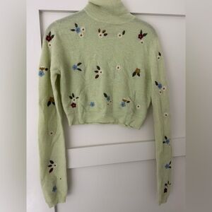 Floral Embroidered Green Sweater